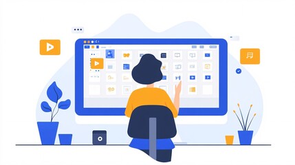 Aufkleber - Person managing a content calendar on a desktop monitor, scheduling social media posts with hashtags and times for optimized reach with empty space for text