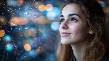 Leinwandbilder - Virtual influencer interaction with a chatbot, displaying real-time responses to potential customer inquiries in a vibrant digital environment with empty space for text