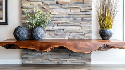 A wooden shelf with a unique, natural shape, rests on a stone wall, with two vases and a potted plant on top.