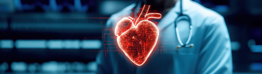 Leinwandbilder - A medical professional stands with a glowing, holographic heart symbol, representing health and technology in a clinical environment.