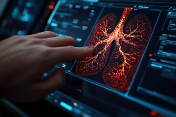 Poster - A hand points at a digital representation of lungs, showcasing intricate details and vibrant colors on a high-tech interface.