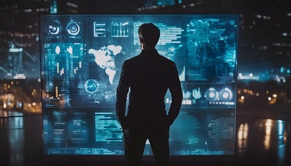 Poster - A business professional gazing at a futuristic digital interface, analyzing data and making decisions in a modern urban environment.