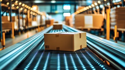 Poster - A focused view of a cardboard box on a conveyor belt in a modern warehouse, highlighting efficient logistics and packaging systems.