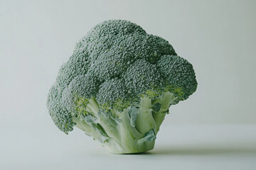 Single piece of broccoli on white surface.