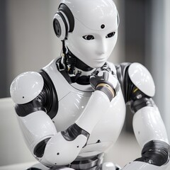Poster - A humanoid robot with a thoughtful expression, resting its chin on its hand.