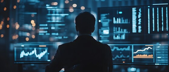 Poster - A professional analyzing data on multiple screens in a modern office, showcasing statistics and graphs for insightful decision-making.