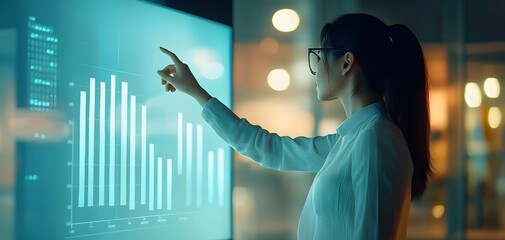Poster - A professional woman analyzing data on a digital screen, showcasing modern technology and business insights in a corporate environment.