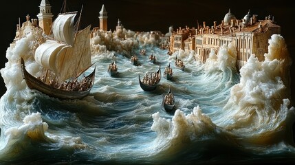 Detailed outline of the Venice Regatta parade, with gondolas creating peaks of excitement and valleys of textured water