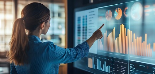 Fototapete - A professional woman analyzes data on a touchscreen display, showcasing modern technology and business intelligence.