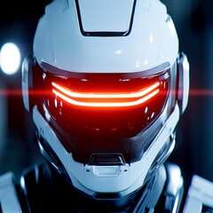 Poster - Close-up of a futuristic white helmet with a red visor and glowing lights.