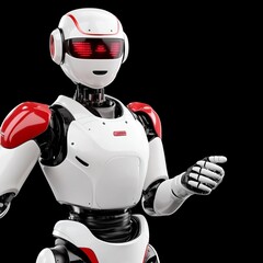 Poster - friendly white and red robot with red eyes pointing to the right.