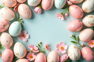 Wall Mural - easter eggs pastel background with pink flowers and copy space in the middle on light blue backgroun