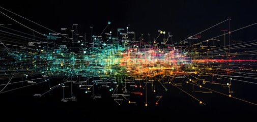 Fototapete - Abstract digital visualization with colorful lines and data patterns representing technology and innovation in a dark background.