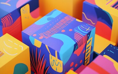 Poster - Colorful geometric patterns on vibrant cube surfaces create an eye-catching, modern visual composition for design projects.