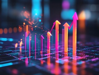 Poster - Colorful graph illustrating growth trends in digital finance, showcasing increasing values with vibrant arrows in a tech background.