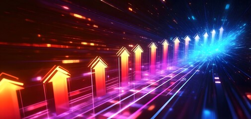 Poster - Dynamic digital arrows in vibrant colors illustrating growth and movement through a futuristic data stream.