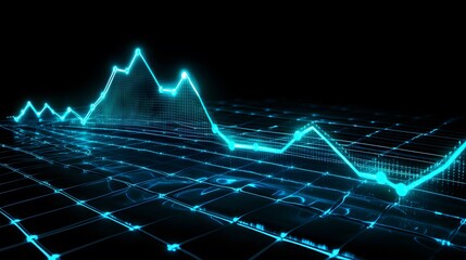 Poster - Dynamic digital graph representing data analysis with glowing blue lines on a dark background, symbolizing growth and trends.