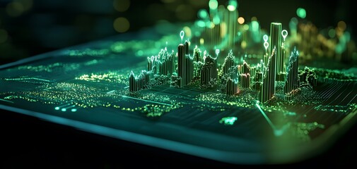 Poster - Futuristic cityscape visualization with glowing elements showcasing digital technology and urban development concepts.