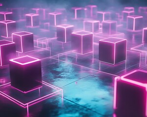 Poster - Futuristic digital landscape featuring glowing neon cubes and vibrant reflections, evoking a sense of technology and innovation.