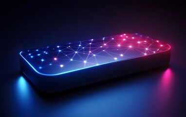 Poster - Futuristic device illuminated with glowing blue and red lights, showcasing a network of connected nodes in a dark environment.