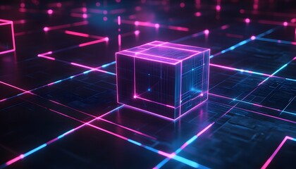 Poster - Futuristic glowing cube surrounded by vibrant neon lights and grids, perfect for technology and digital art themes.