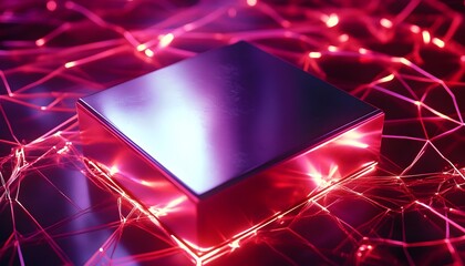 Poster - futuristic metallic object illuminated by vibrant red lights, showcasing a digital and technological