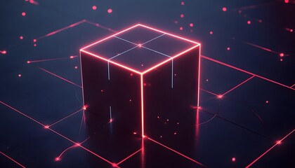Poster - Futuristic neon cube with glowing edges, set against a dark background filled with digital particles and lines.