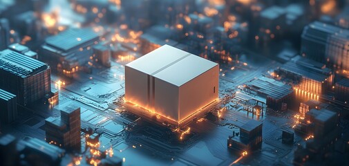 Poster - Futuristic technology scene featuring a glowing cube on a circuit board, representing advanced computing and digital innovations.