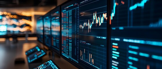 Poster - High-tech financial monitoring station displaying stock market data and charts in a modern office environment.