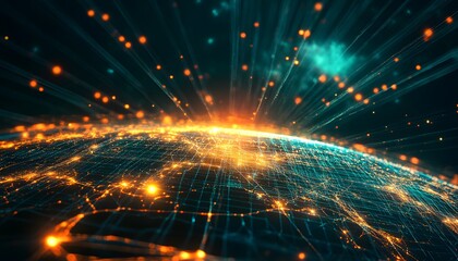 Poster - stunning digital illustration of earth with glowing lines and vibrant light rays, symbolizing techno