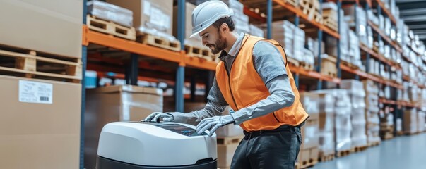 Wall Mural - Worker adjusting robotic system, seamless warehouse automation, high-tech interior