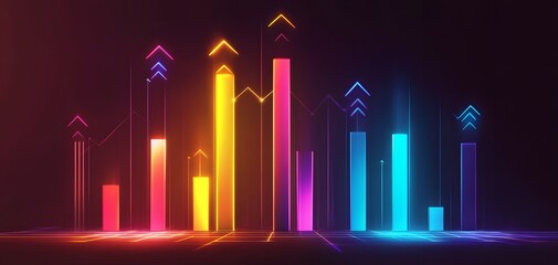 Poster - Vibrant abstract data visualization showcasing colorful bar graphs with upward trends on a dark background.