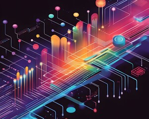 Poster - Vibrant digital abstract design featuring colorful lines and shapes, representing modern technology and innovative concepts.