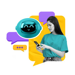Poster - Woman chatting with a friendly bot on her mobile phone, colorful