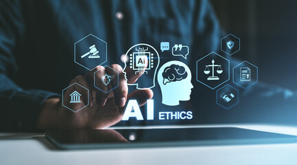 Poster - AI Ethics and Law Icons on Transparent Screen.
