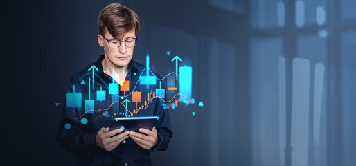 Poster - Businessman with tablet, online trading and forex analysis. Copy space