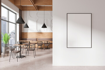 Poster - blank framed poster on a wall in modern cafe interior. 3d rendering