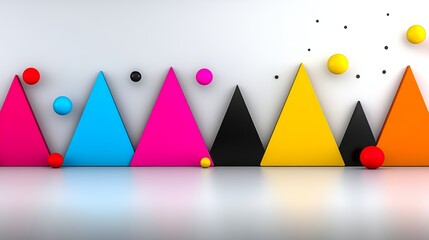 Poster - Colorful wall with many triangles and circles. The triangles are in different colors and sizes, and the circles are scattered throughout the wall. Scene is playful and vibrant, with the bright colors