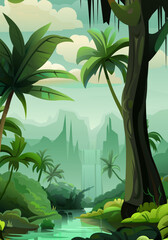 Wall Mural - creek. jungle forest. palm trees and tropical plants. southern thicket. nature view. beautiful funny
