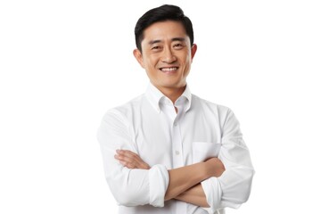 Wall Mural - Smile and Asian man with arms crossed adult shirt white background.