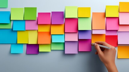 Poster - Hand is writing on a wall with colorful sticky notes. The notes are arranged in a rainbow pattern, hand is using a pen to write on them. Concept of creativity, organisation, as colorful notes