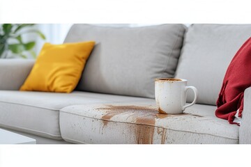 A light gray sofa with a yellow cushion features a noticeable coffee spill on its armrest. A white coffee mug rests beside it, suggesting a recent mishap in this comfortable living space filled with n