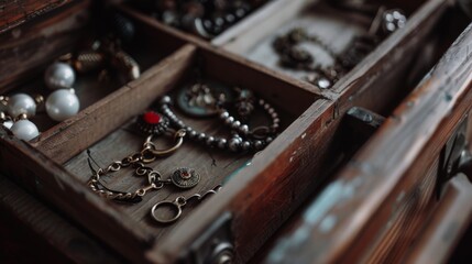 Wall Mural - Open wooden drawer displaying an array of vintage jewelry, evidencing timeless elegance and a treasure trove of ornate memories.