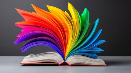 Poster - Book is open to a page with a rainbow on it. The rainbow is made up of different colored pages, and the book is open to the middle of the rainbow. Concept of creativity and imagination