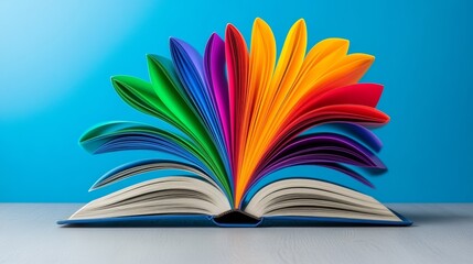 Poster - Book is open to a page with a rainbow on it. The rainbow is made up of different colored pages, and the book is open to the middle of the rainbow. Concept of creativity and imagination