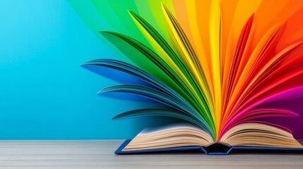 Poster - Book is open to a page with a rainbow on it. The rainbow is spread out across the page, with each color being a different shade