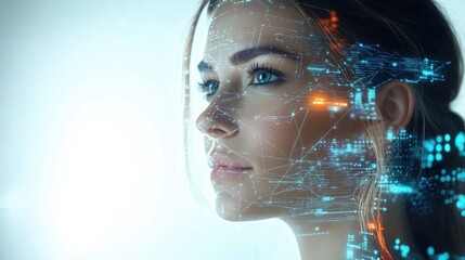 Futuristic Woman with Digital Interface Overlay in Profile View. The image conveys innovation, future, and virtual reality concepts.