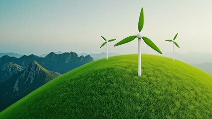 Wind turbines on a green hill under clear sky, eco-friendly energy solution.