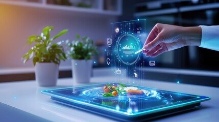 Poster - A modern dining area featuring a smart table that can adjust settings for different meal types, highlighting innovation in dining experiences within a smart home.