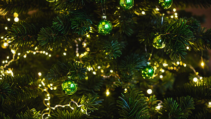 close up shot of a christmas tree with lights
